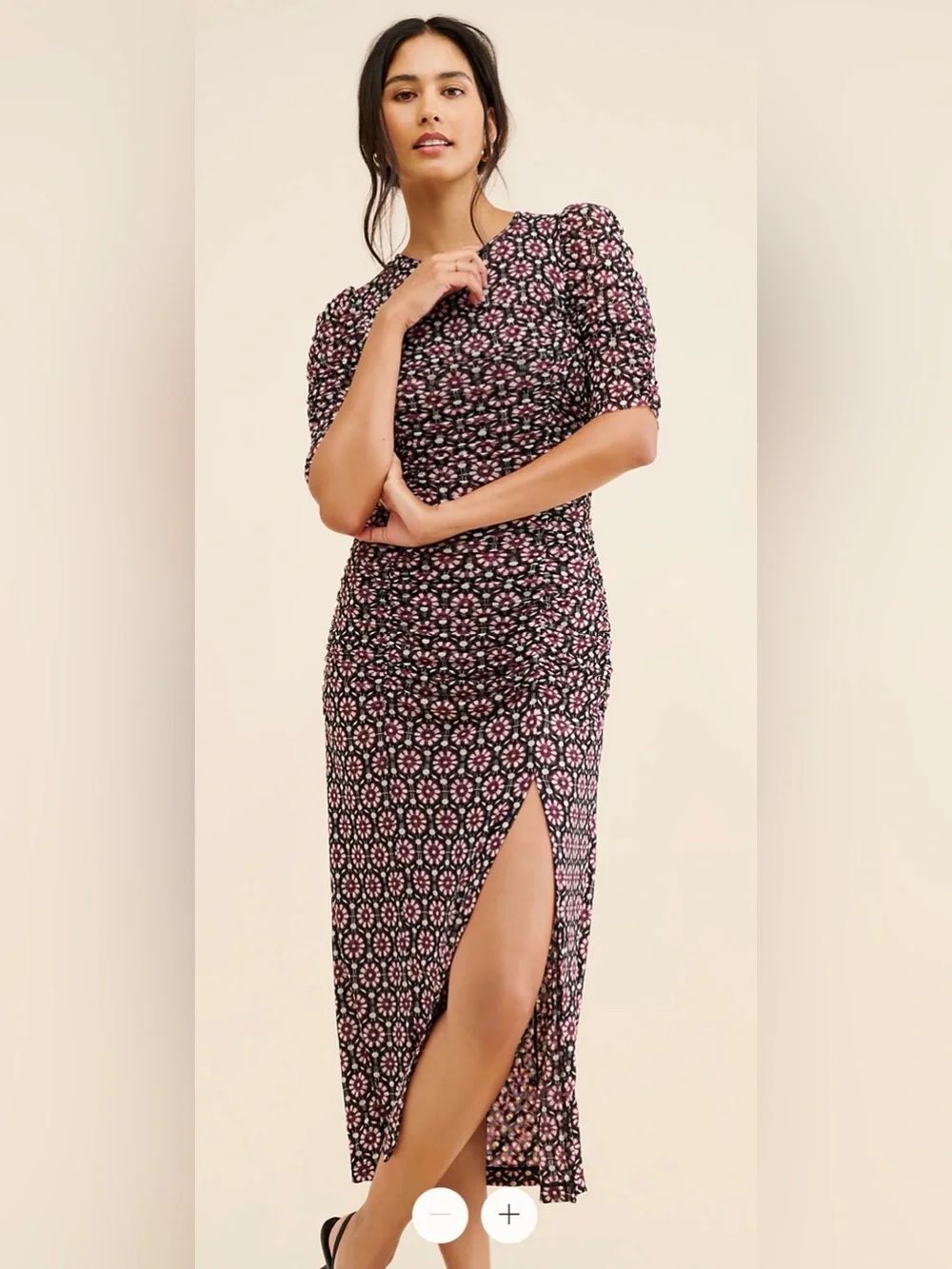 Free People Briella Ruched Midi Dress Black & Pink Floral Midi Dress Side Slit